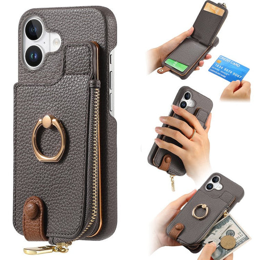 Y3 For iPhone 16 Plus Case Card Holder Kickstand Leather+TPU Phone Cover with Zipper Pocket - Grey