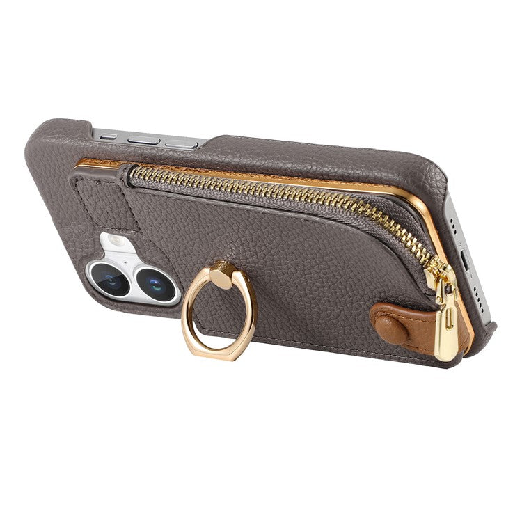 Y3 For iPhone 16 Plus Case Card Holder Kickstand Leather+TPU Phone Cover with Zipper Pocket - Grey