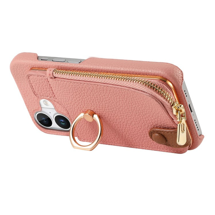 Y3 For iPhone 16 Case Card Holder Kickstand Leather+TPU Phone Cover with Zipper Pocket - Pink