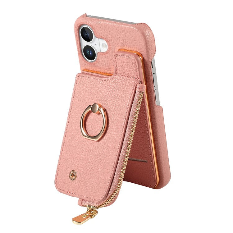 Y3 For iPhone 16 Case Card Holder Kickstand Leather+TPU Phone Cover with Zipper Pocket - Pink