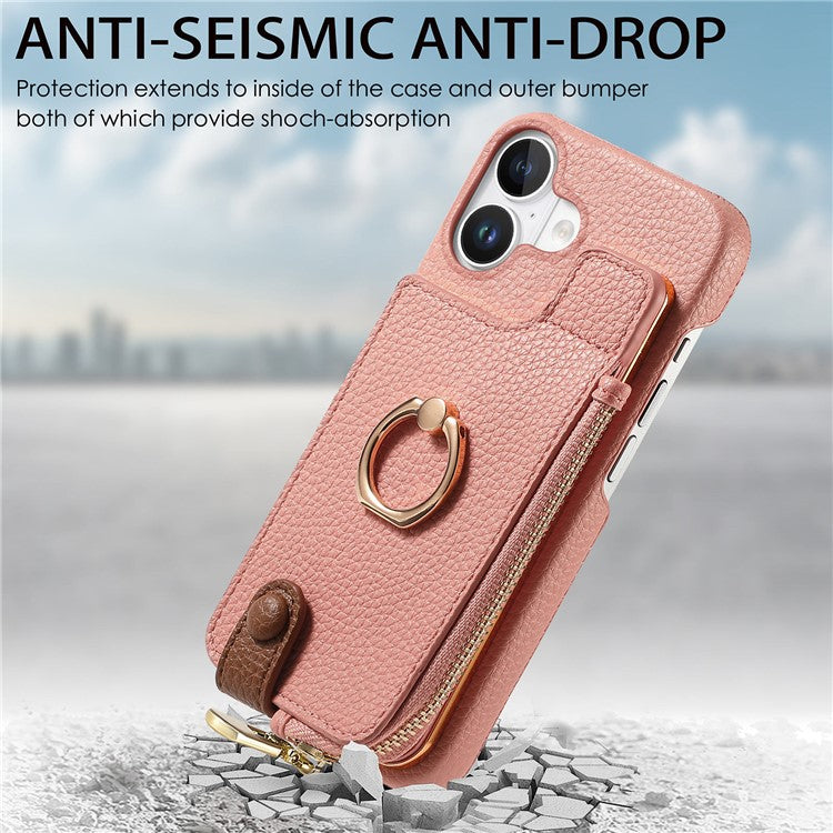 Y3 For iPhone 16 Case Card Holder Kickstand Leather+TPU Phone Cover with Zipper Pocket - Pink