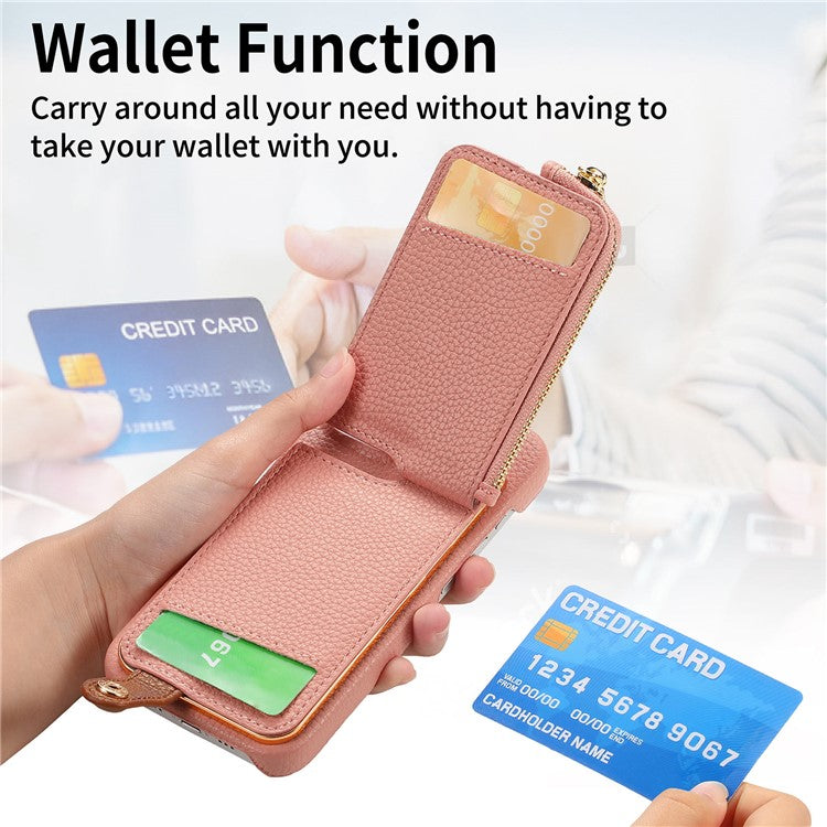 Y3 For iPhone 16 Case Card Holder Kickstand Leather+TPU Phone Cover with Zipper Pocket - Pink
