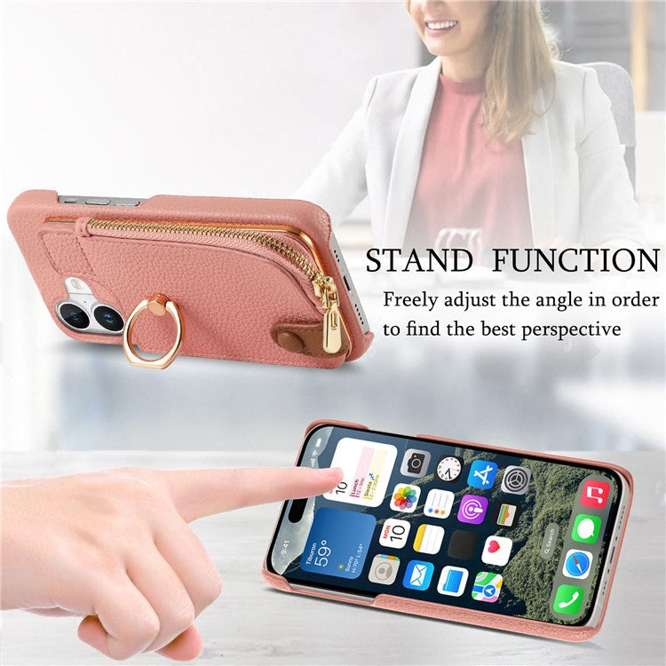 Y3 For iPhone 16 Case Card Holder Kickstand Leather+TPU Phone Cover with Zipper Pocket - Pink