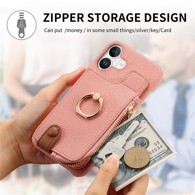 Y3 For iPhone 16 Case Card Holder Kickstand Leather+TPU Phone Cover with Zipper Pocket - Pink