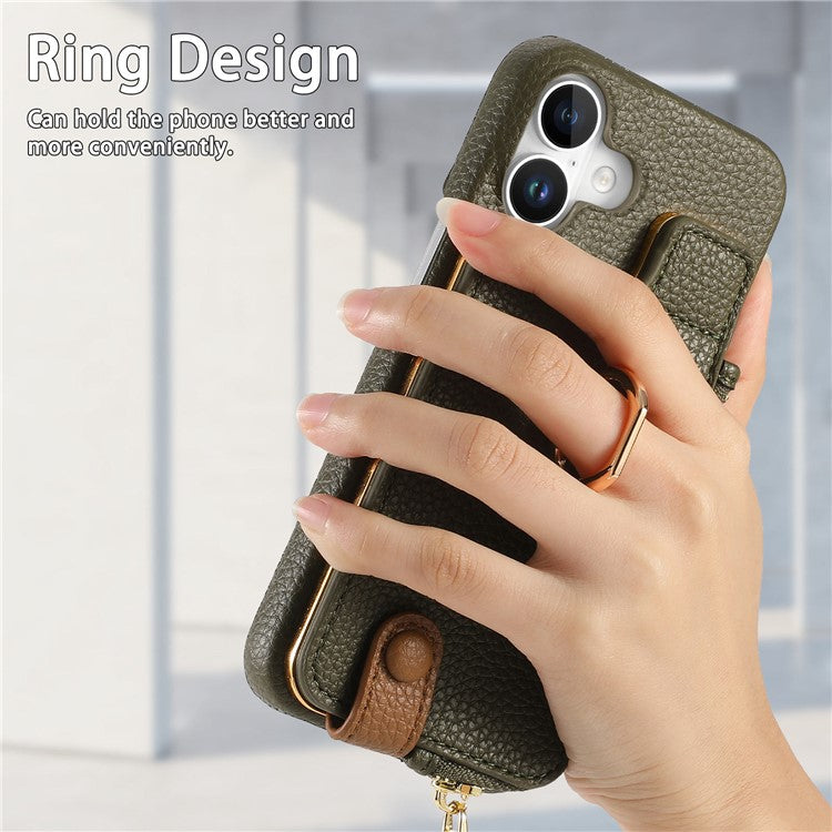 Y3 For iPhone 16 Case Card Holder Kickstand Leather+TPU Phone Cover with Zipper Pocket - Army Green