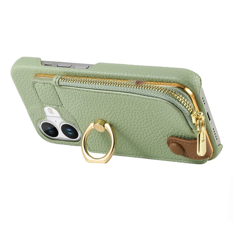 Y3 For iPhone 16 Case Card Holder Kickstand Leather+TPU Phone Cover with Zipper Pocket - Mint Green