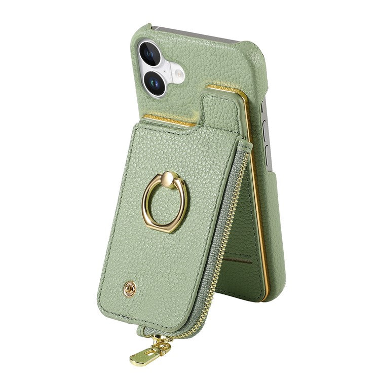 Y3 For iPhone 16 Case Card Holder Kickstand Leather+TPU Phone Cover with Zipper Pocket - Mint Green