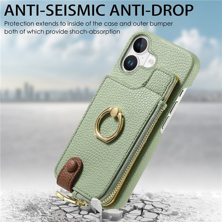 Y3 For iPhone 16 Case Card Holder Kickstand Leather+TPU Phone Cover with Zipper Pocket - Mint Green