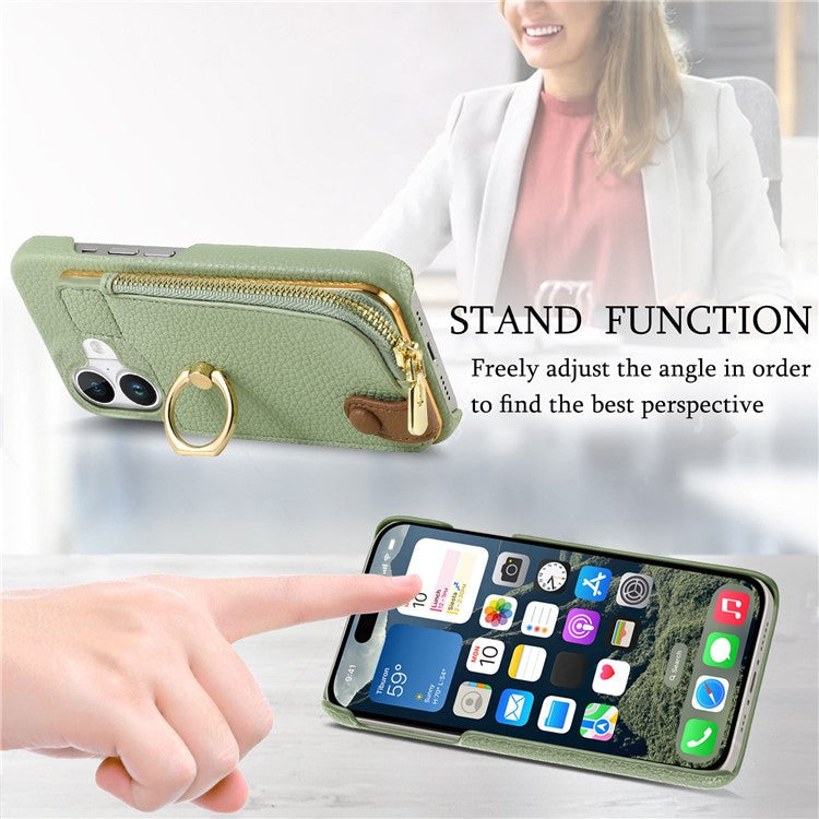 Y3 For iPhone 16 Case Card Holder Kickstand Leather+TPU Phone Cover with Zipper Pocket - Mint Green