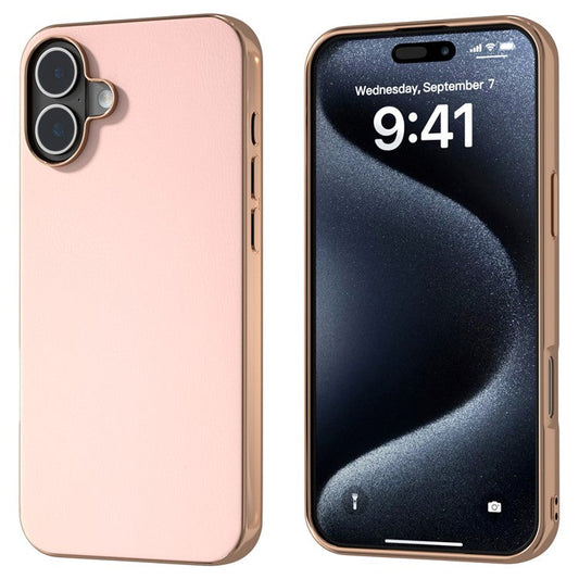 For iPhone 16 Plus Case Electroplating Edge PU Leather Coated TPU+PC Phone Cover - Light Pink