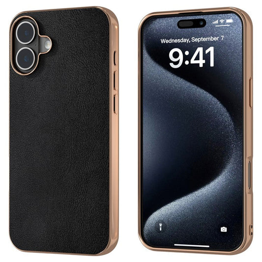 For iPhone 16 Plus Case Electroplating Edge PU Leather Coated TPU+PC Phone Cover - Black