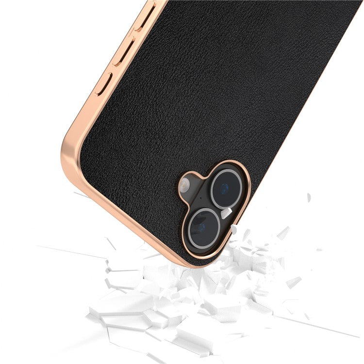 For iPhone 16 Plus Case Electroplating Edge PU Leather Coated TPU+PC Phone Cover - Black