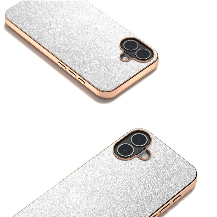 For iPhone 16 Case Electroplating Edge PU Leather Coated TPU+PC Phone Cover - Silver