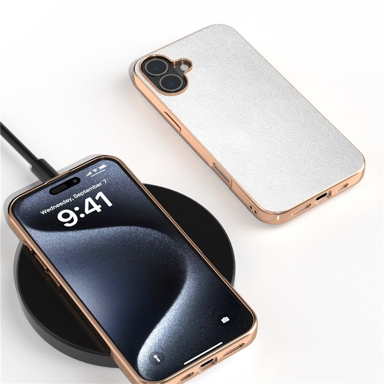 For iPhone 16 Case Electroplating Edge PU Leather Coated TPU+PC Phone Cover - Silver