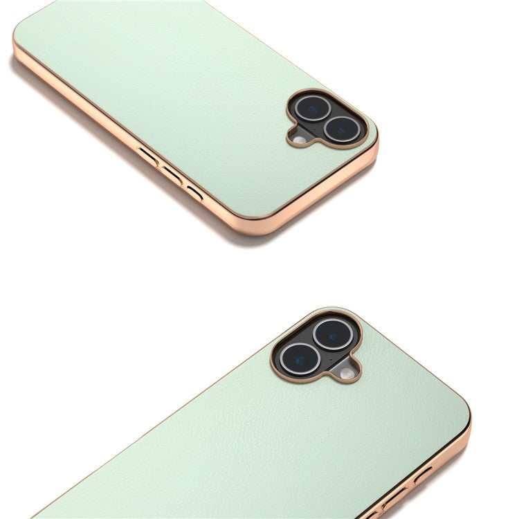 For iPhone 16 Case Electroplating Edge PU Leather Coated TPU+PC Phone Cover - Light Green