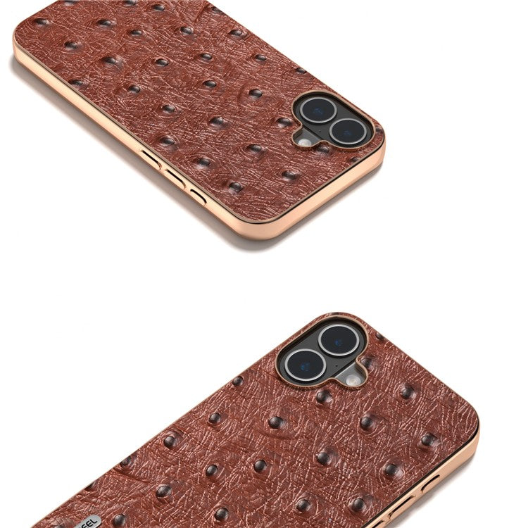 ABEEL For iPhone 16 Plus Case Electroplating Edge Ostrich Texture Genuine Cow Leather Back Cover - Coffee