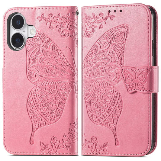 For iPhone 16 Plus Case PU Leather Wallet Phone Cover Butterfly Pattern - Pink
