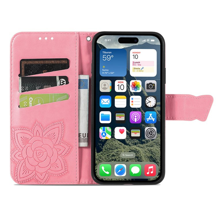 For iPhone 16 Plus Case PU Leather Wallet Phone Cover Butterfly Pattern - Pink