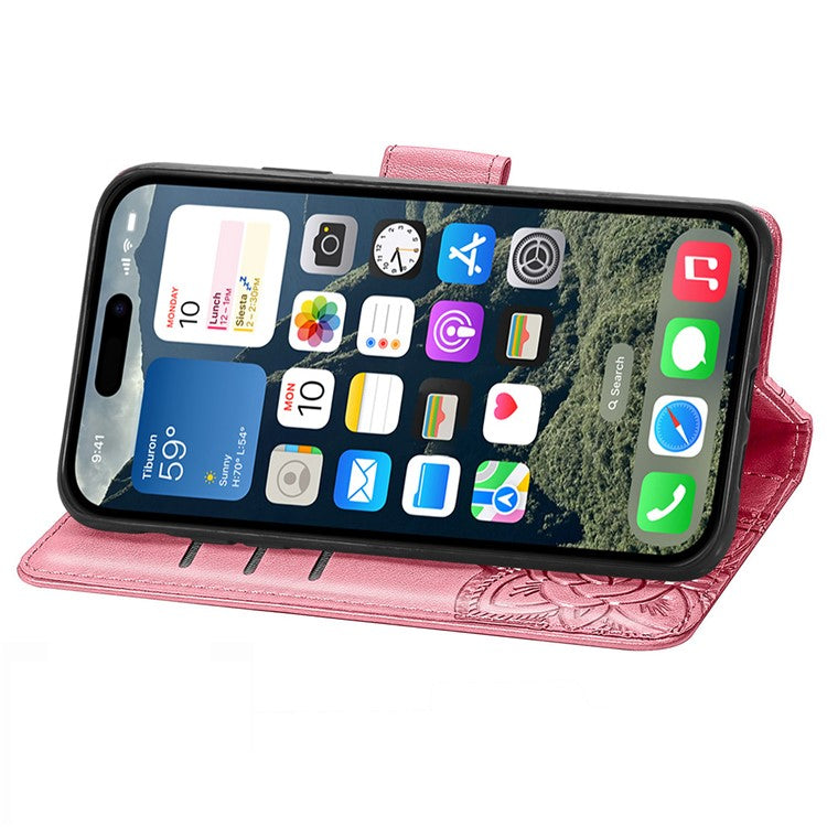 For iPhone 16 Plus Case PU Leather Wallet Phone Cover Butterfly Pattern - Pink