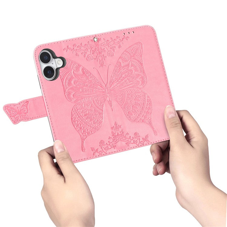 For iPhone 16 Plus Case PU Leather Wallet Phone Cover Butterfly Pattern - Pink