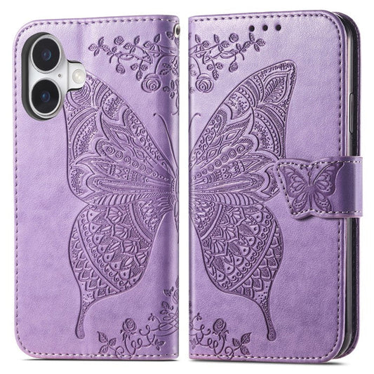 For iPhone 16 Plus Case PU Leather Wallet Phone Cover Butterfly Pattern - Light Purple