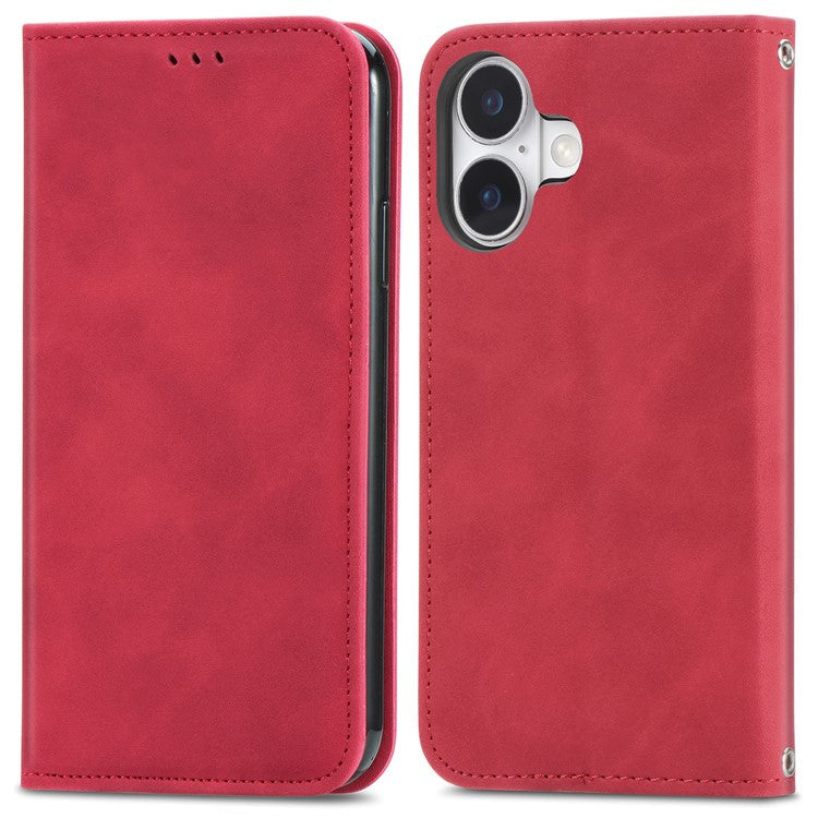 For iPhone 16 Plus Case Skin Touch Feeling Leather Card Holder Phone Cover Magnetic Absorption - Red