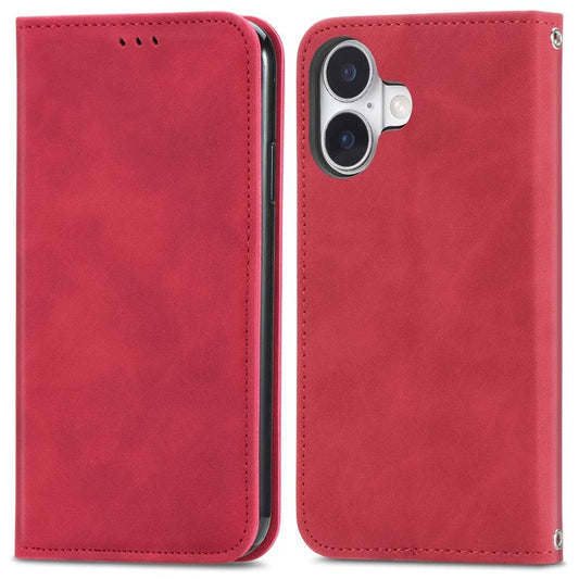 For iPhone 16 Plus Case Skin Touch Feeling Leather Card Holder Phone Cover Magnetic Absorption - Red