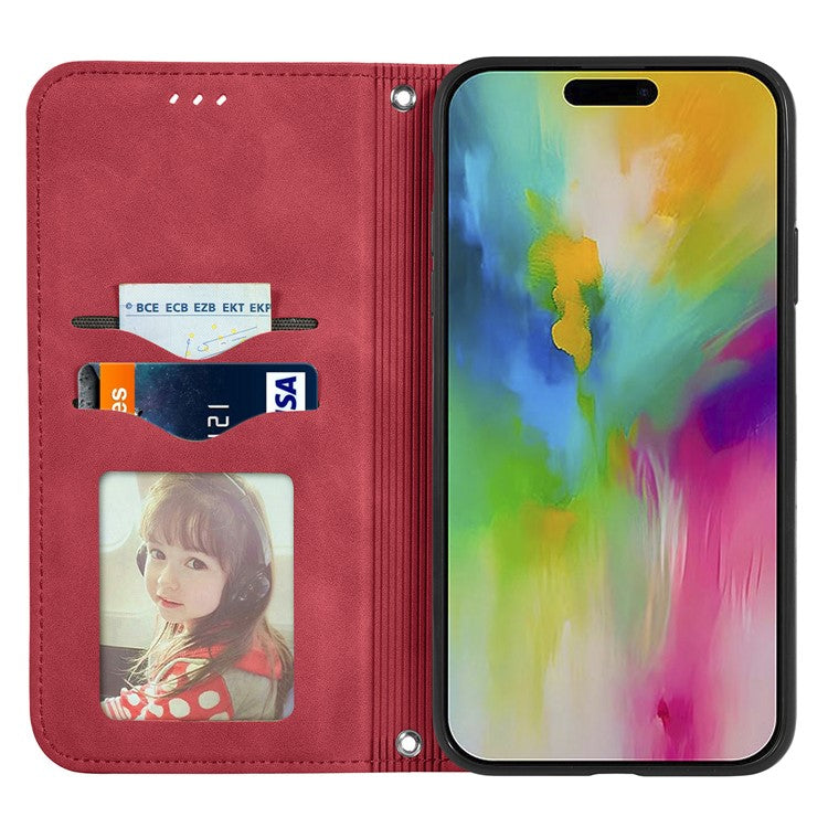 For iPhone 16 Plus Case Skin Touch Feeling Leather Card Holder Phone Cover Magnetic Absorption - Red
