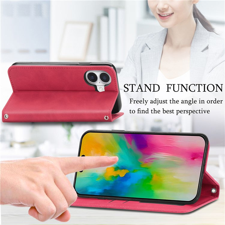 For iPhone 16 Plus Case Skin Touch Feeling Leather Card Holder Phone Cover Magnetic Absorption - Red