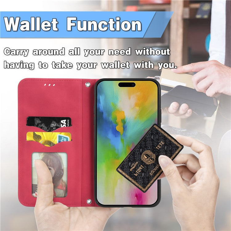 For iPhone 16 Plus Case Skin Touch Feeling Leather Card Holder Phone Cover Magnetic Absorption - Red