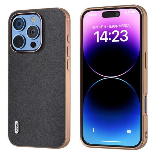 ABEEL For iPhone 16 Pro Case Electroplating Edge Genuine Cow Leather+PC+TPU Phone Cover - Black