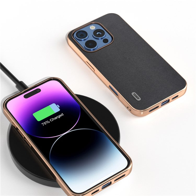 ABEEL For iPhone 16 Pro Case Electroplating Edge Genuine Cow Leather+PC+TPU Phone Cover - Black