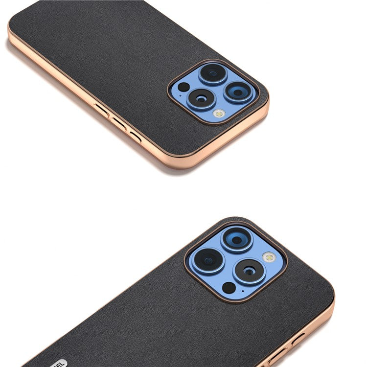ABEEL For iPhone 16 Pro Case Electroplating Edge Genuine Cow Leather+PC+TPU Phone Cover - Black