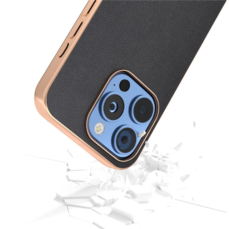 ABEEL For iPhone 16 Pro Case Electroplating Edge Genuine Cow Leather+PC+TPU Phone Cover - Black