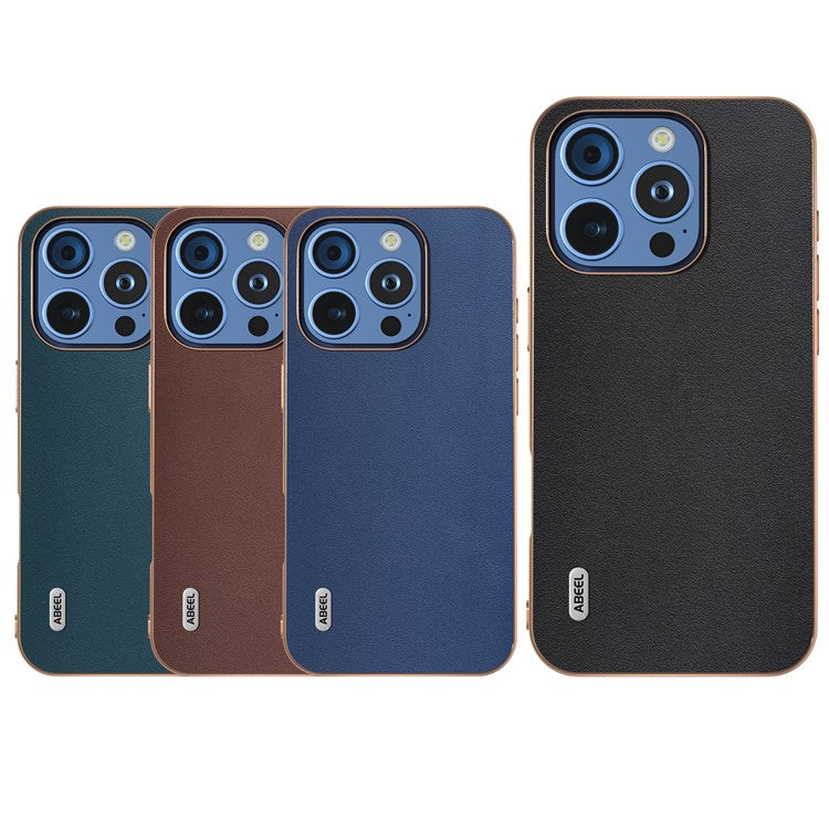 ABEEL For iPhone 16 Pro Case Electroplating Edge Genuine Cow Leather+PC+TPU Phone Cover - Black