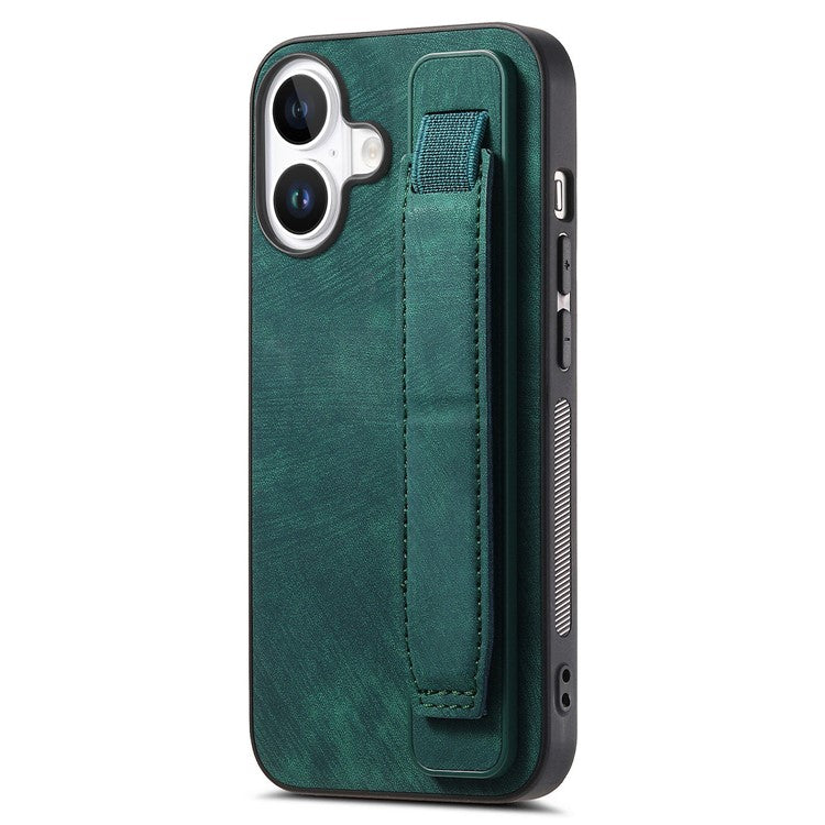 D11 For iPhone 16 Plus Case Wristband Leather + TPU Phone Cover - Green