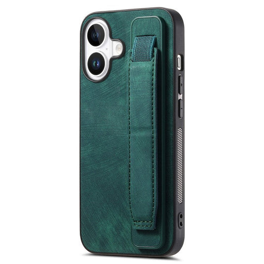 D11 For iPhone 16 Plus Case Wristband Leather + TPU Phone Cover - Green
