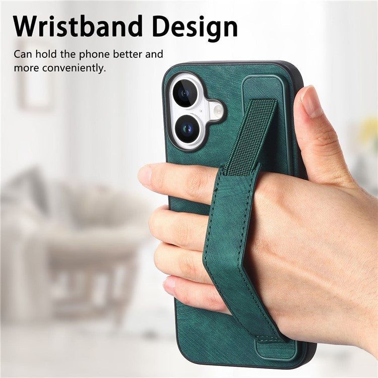 D11 For iPhone 16 Plus Case Wristband Leather + TPU Phone Cover - Green