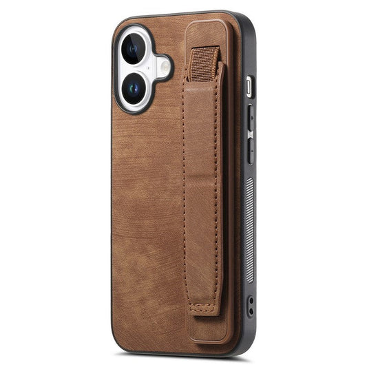 D11 For iPhone 16 Plus Case Wristband Leather + TPU Phone Cover - Brown