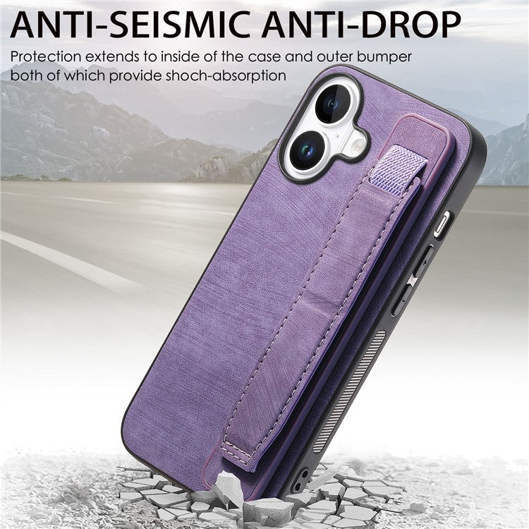 D11 For iPhone 16 Case Wristband Leather + TPU Phone Cover - Purple