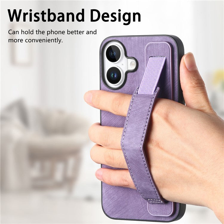 D11 For iPhone 16 Case Wristband Leather + TPU Phone Cover - Purple