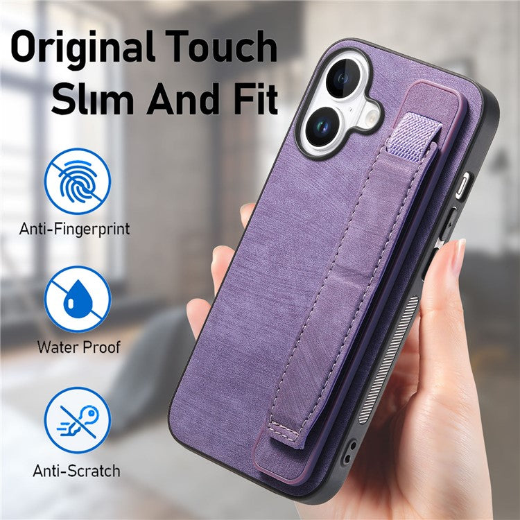 D11 For iPhone 16 Case Wristband Leather + TPU Phone Cover - Purple