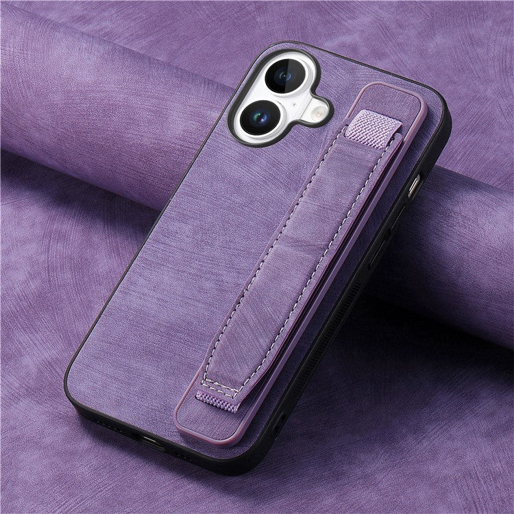 D11 For iPhone 16 Case Wristband Leather + TPU Phone Cover - Purple