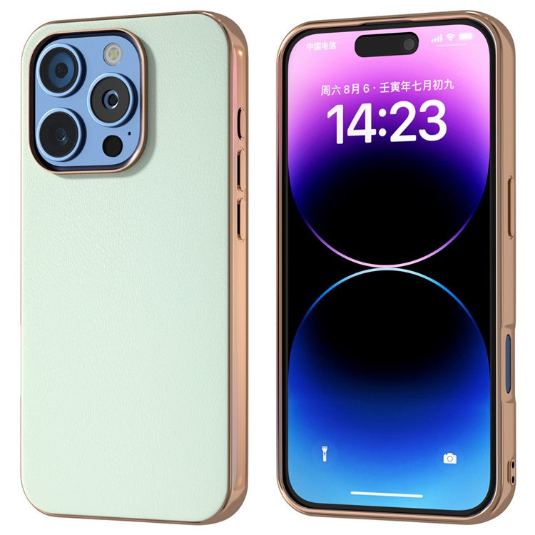 For iPhone 16 Pro Case Electroplating Edge PU Leather Coated TPU+PC Phone Cover - Light Green