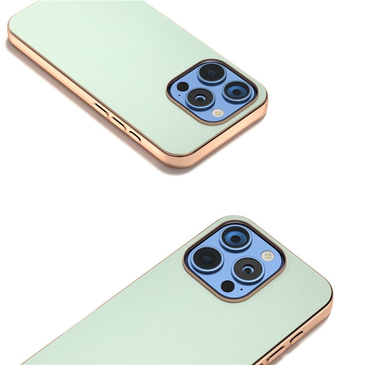 For iPhone 16 Pro Case Electroplating Edge PU Leather Coated TPU+PC Phone Cover - Light Green