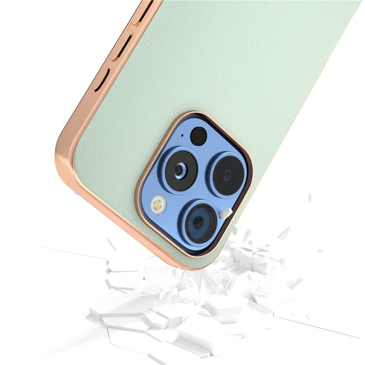 For iPhone 16 Pro Case Electroplating Edge PU Leather Coated TPU+PC Phone Cover - Light Green