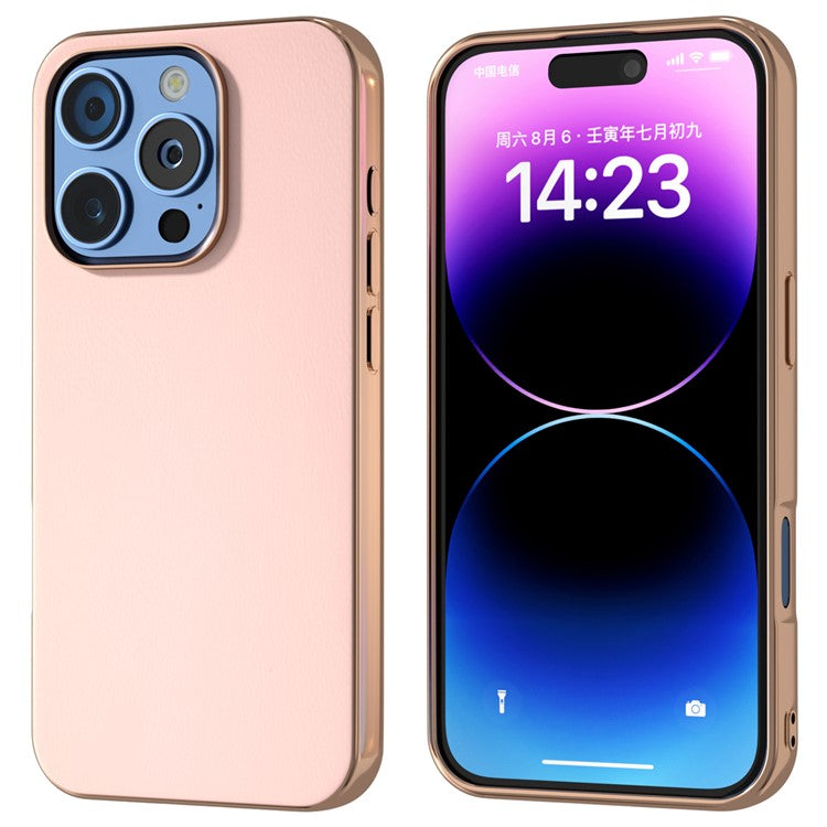 For iPhone 16 Pro Case Electroplating Edge PU Leather Coated TPU+PC Phone Cover - Light Pink
