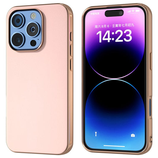For iPhone 16 Pro Case Electroplating Edge PU Leather Coated TPU+PC Phone Cover - Light Pink