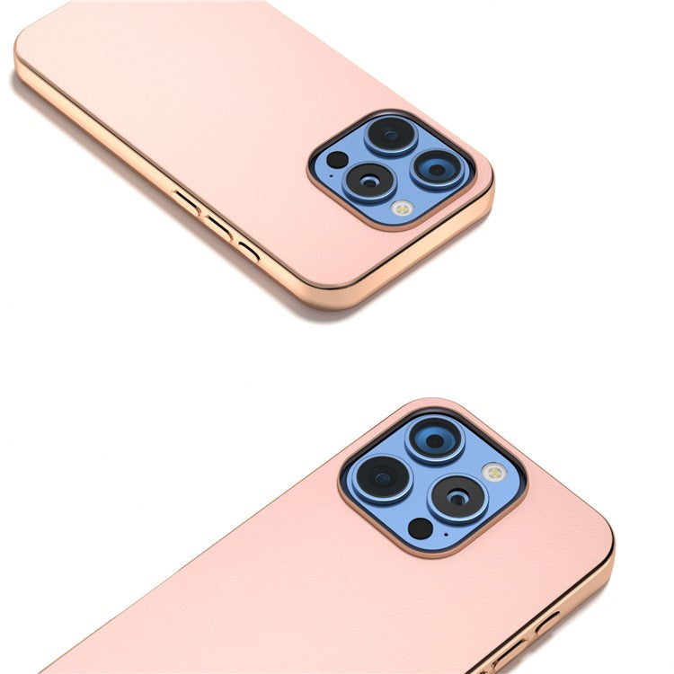 For iPhone 16 Pro Case Electroplating Edge PU Leather Coated TPU+PC Phone Cover - Light Pink