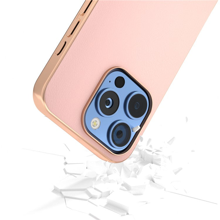 For iPhone 16 Pro Case Electroplating Edge PU Leather Coated TPU+PC Phone Cover - Light Pink